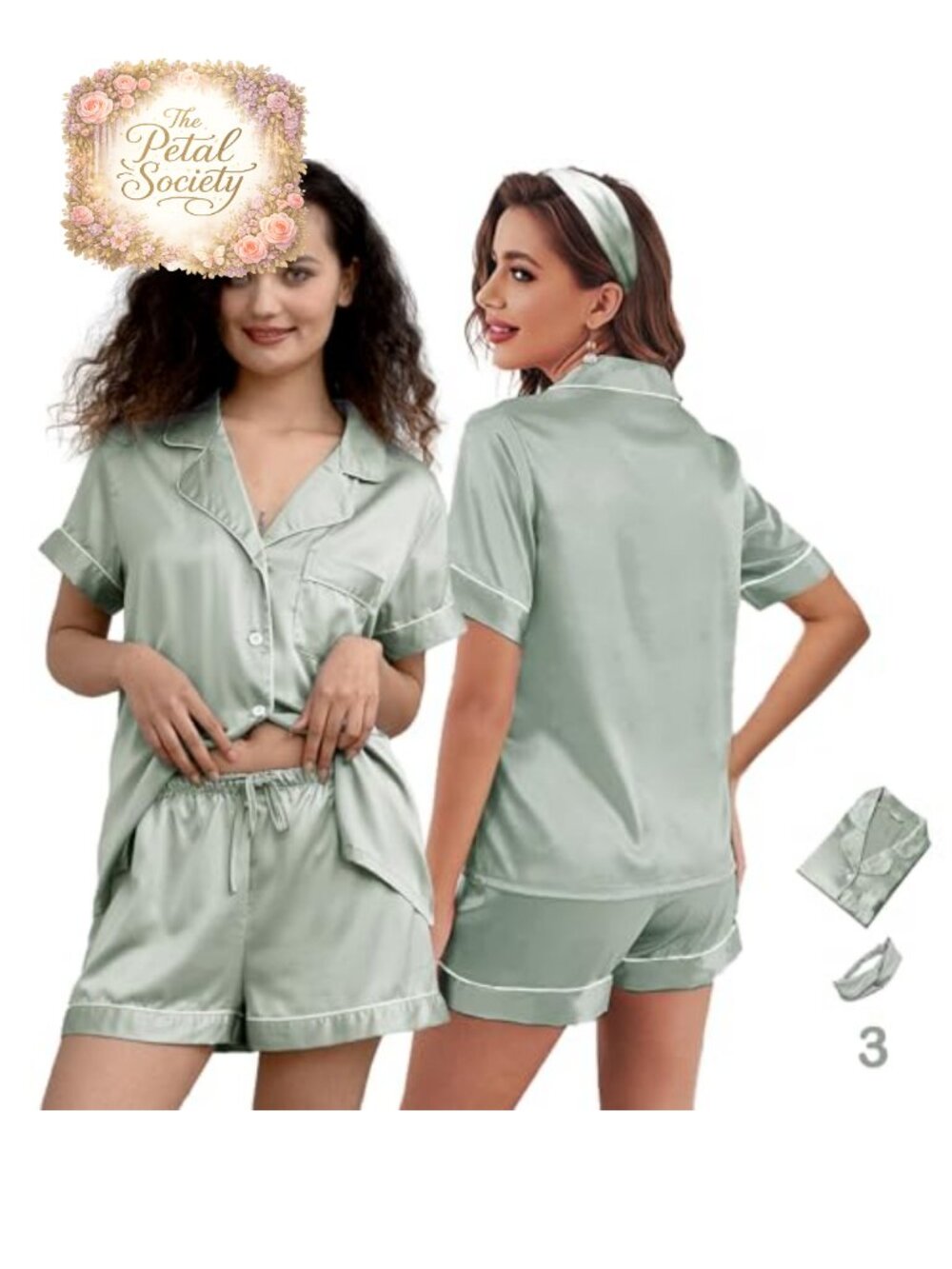 Womens Silk Satin Pajama Short Set with Headband 3 Piece Sleepwear Lounge PJs